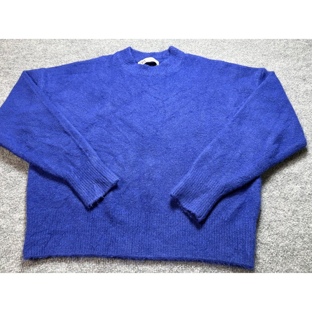 Zara Royal Blue Fuzzy Knit Crewneck Sweater Small Relaxed Fit Soft Pullover
